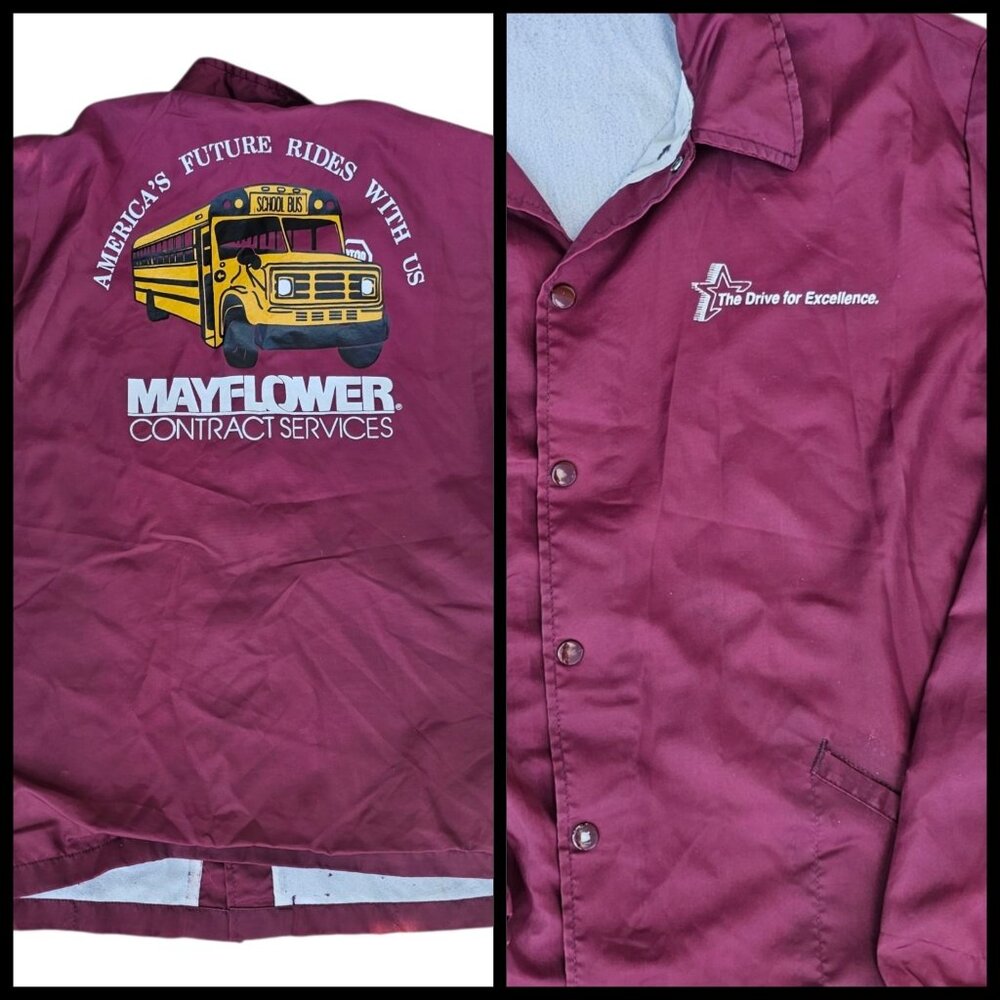 VTG 90s‎ Schoolbus Driver Jacket Windbreaker Nylon Maroon Patch Sz XL Snags
